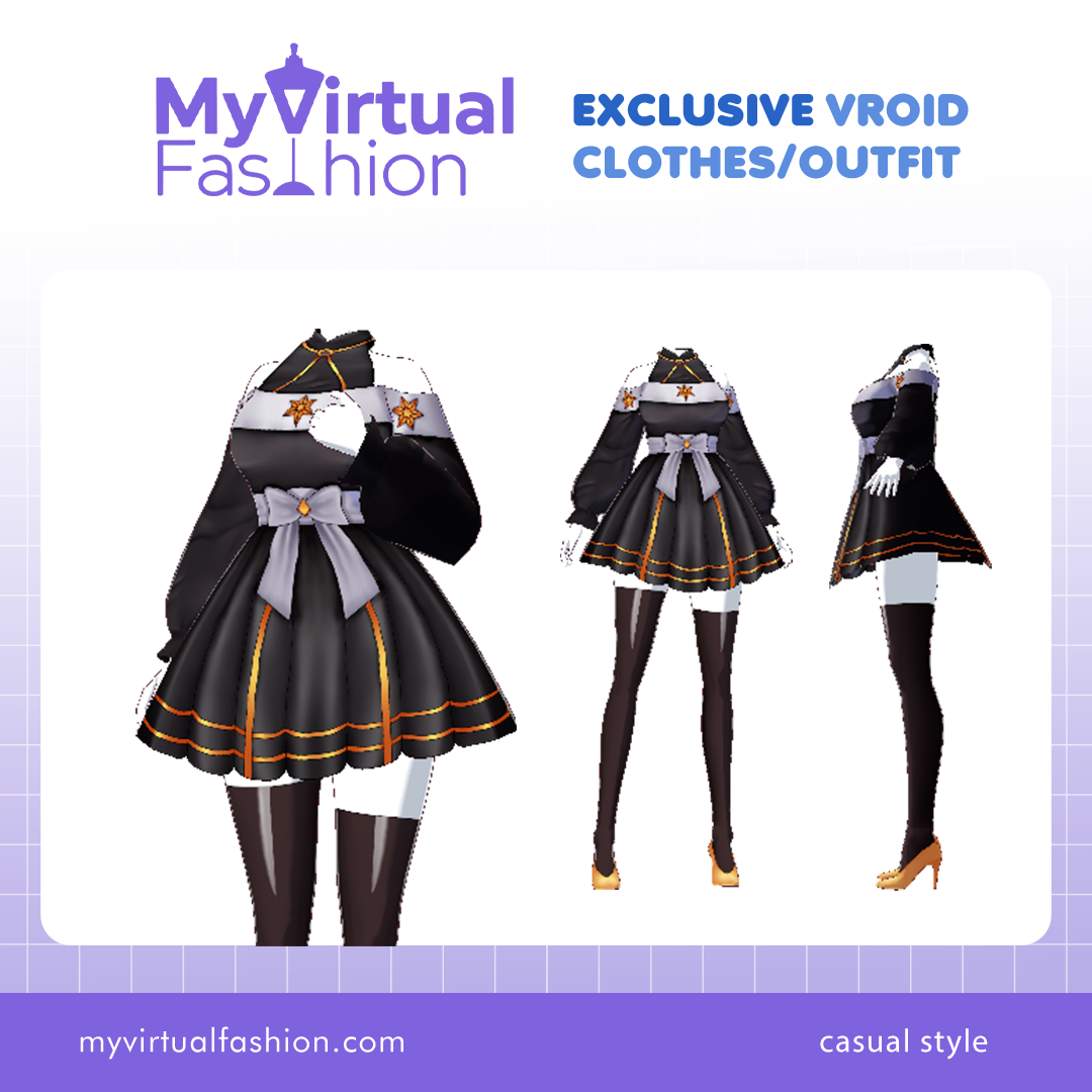 3D Vroid Outfit | Black and White Dress with Star Embellishments and Bow Detail