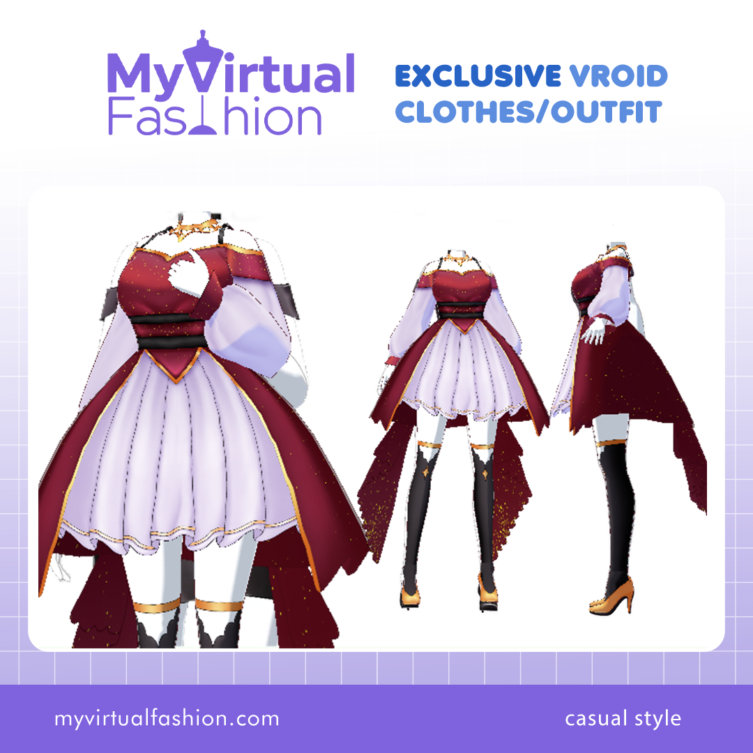 3D Vroid Outfit | Royal Red and White Dress with Elegant Gold Trim for VRoid