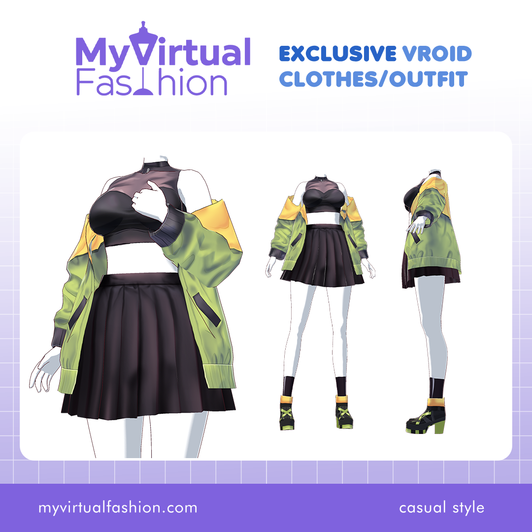 3D Vroid Outfit | Style Bold Neon Jacket with Sporty Chic Vibes for VRoid Avatar