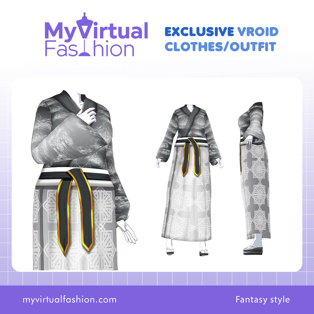 3D Vroid Outfit | Monochrome Kimono with Golden Accent Belt for VRoid Avatar