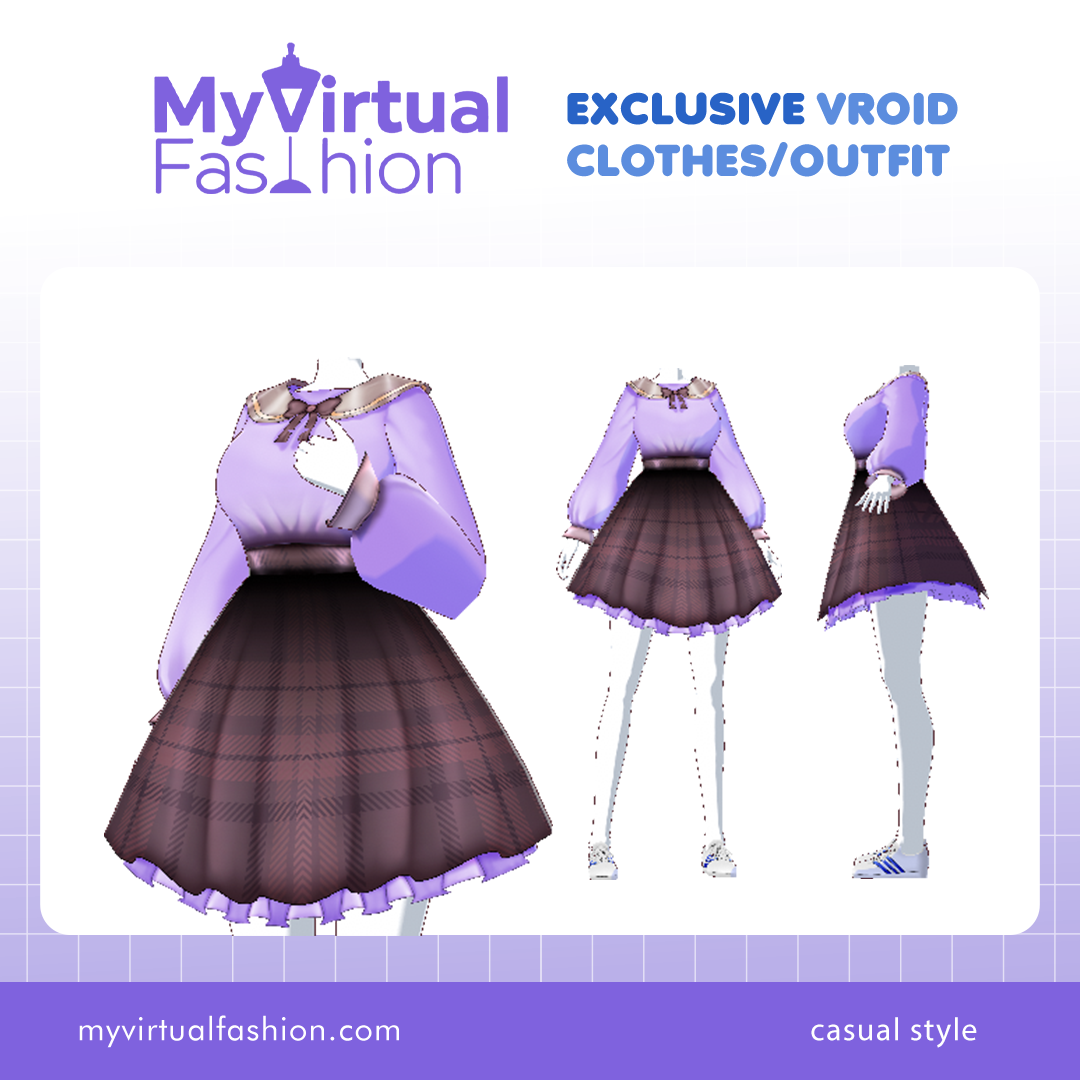 3D Vroid Costume | Lavender Ribbon Blouse & Plaid Skirt Outfit for VRoid Avatar