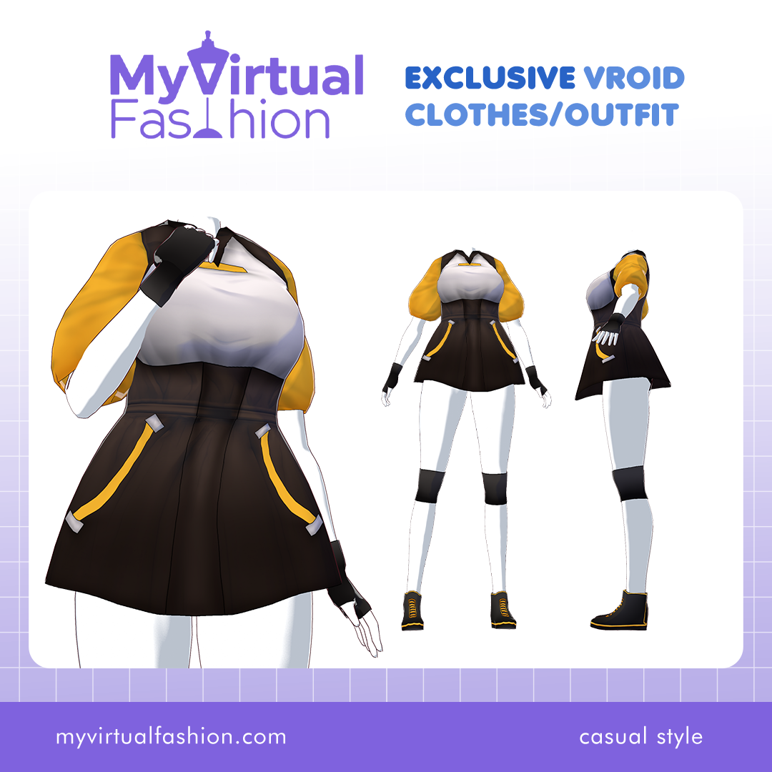 3D Vroid Costume | Sporty Black and Yellow Modern Dress for VRoid Avatar