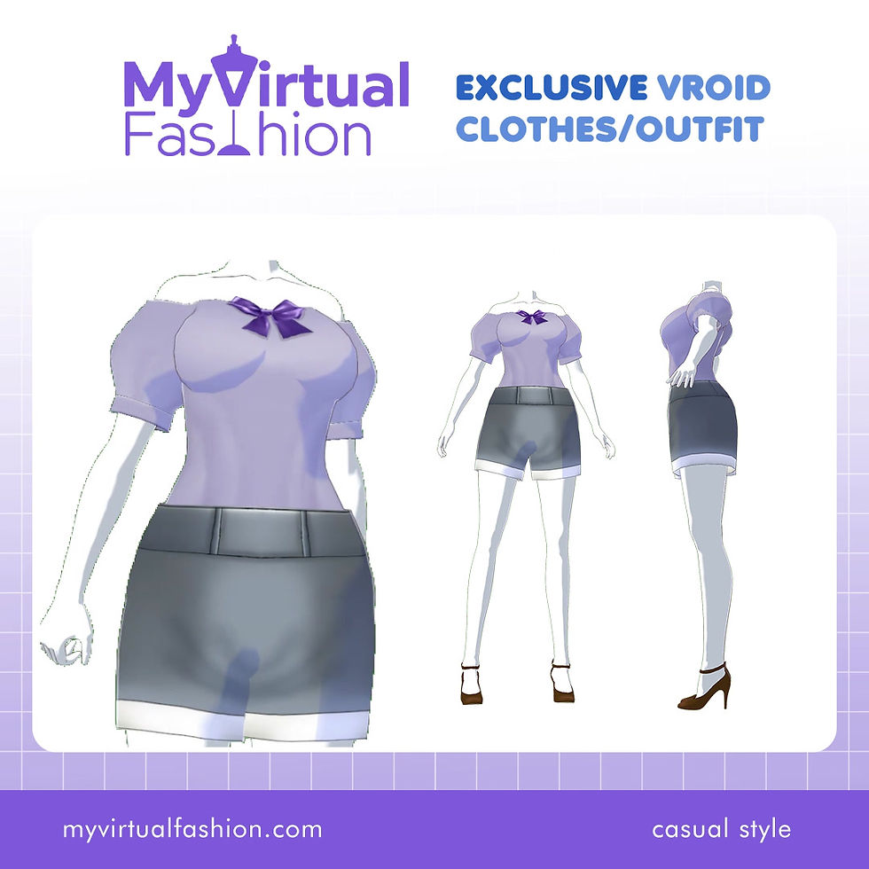 Thumbnail: 3D Vroid Costume | Casual Lavender Bow Blouse with Gray Shorts for VRoid Avatar
