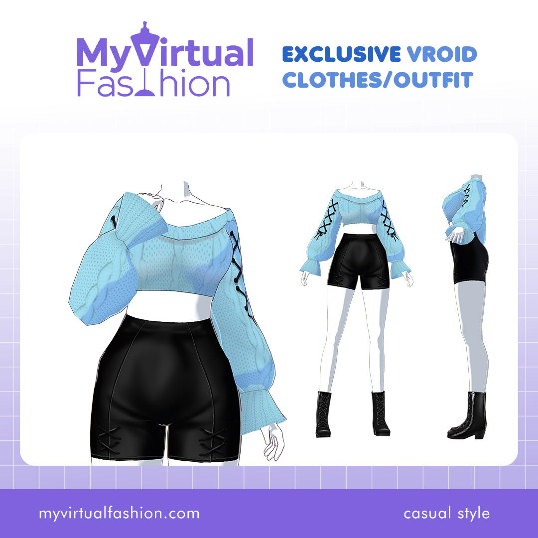 3D Vroid Outfit | Cozy–Knitted Crop Top and Lace-Up Shorts Set for VRoid Avatar