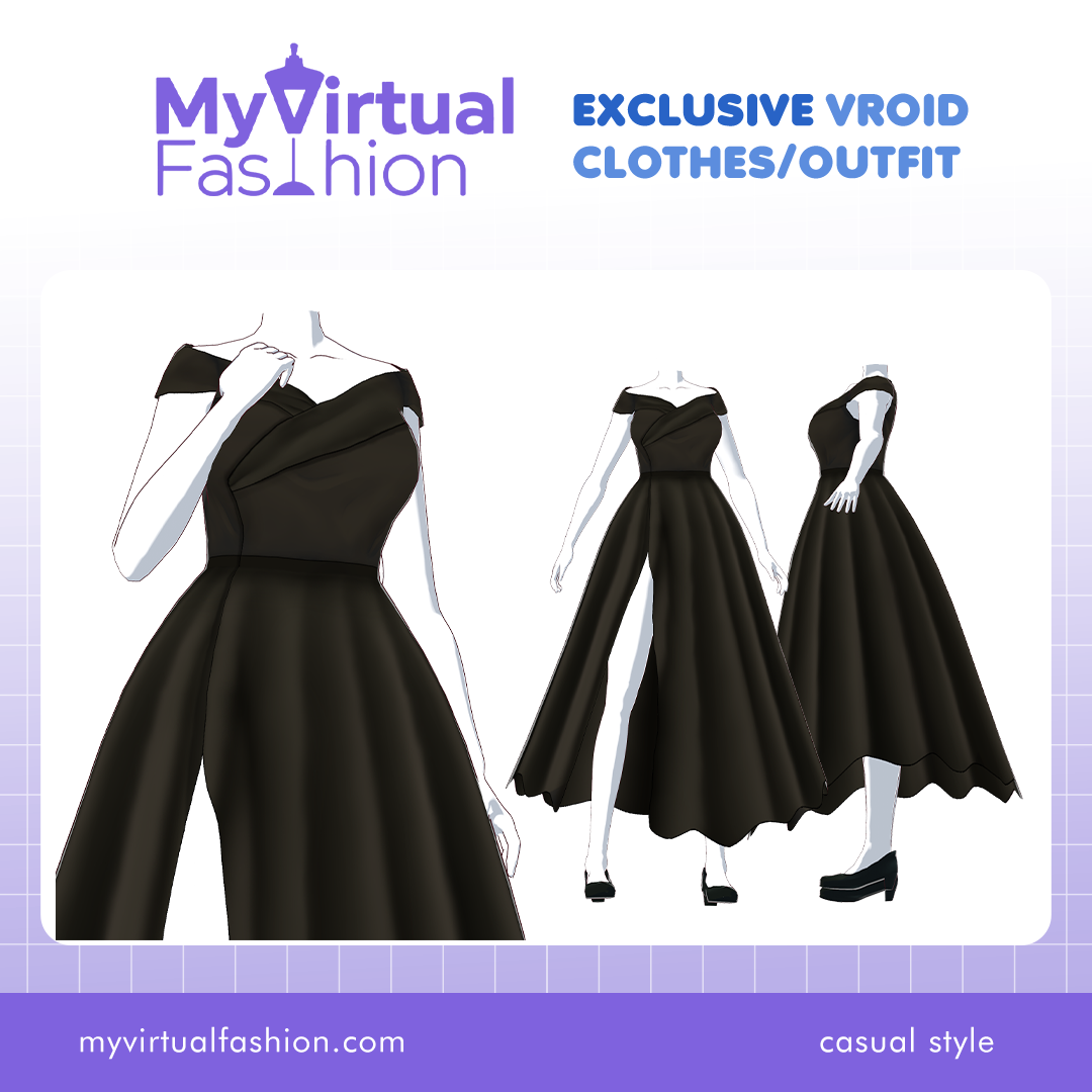 3D Vroid Outfit | Classic Black Gown with Draped Bodice for VRoid Avatar