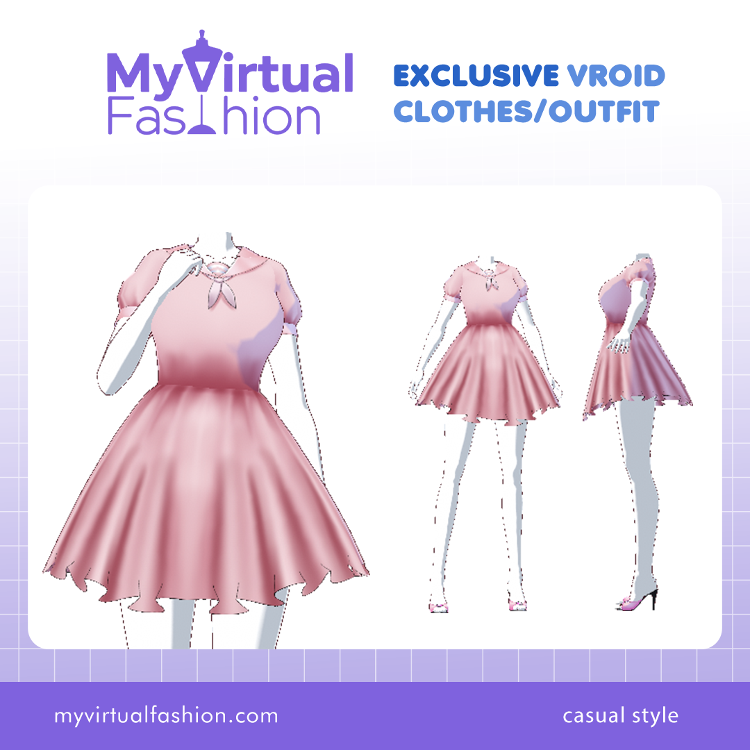 3D Vroid Costume | Charming Pink Dress with Bow Accent for VRoid Avatar