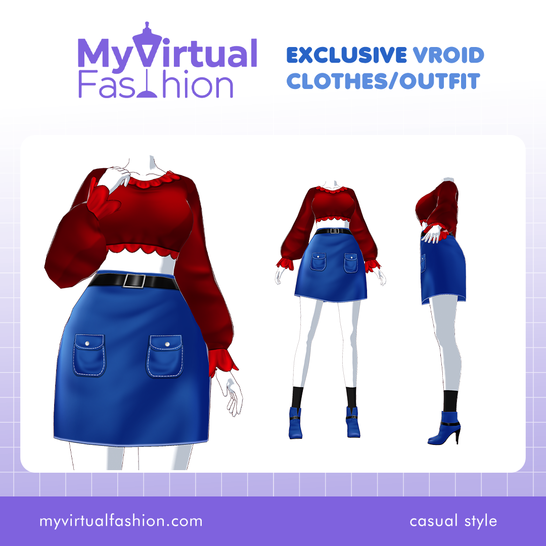 3D Vroid Costume | Chic Cropped Sweater and Denim Skirt Set for VRoid Avatar