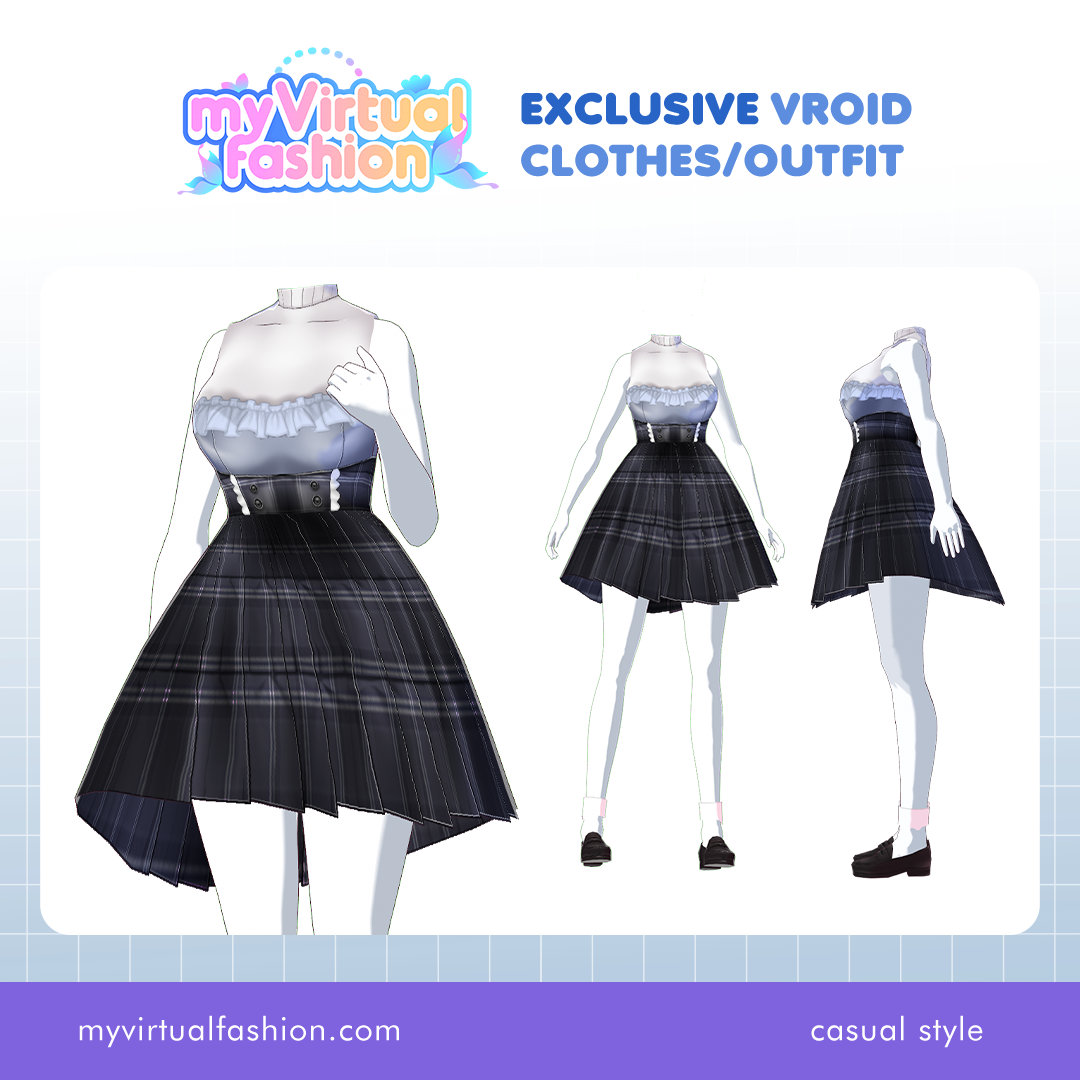 3D Vroid Outfit | Trendy Plaid Skirt Outfit with Ruffle Accents for VRoid
