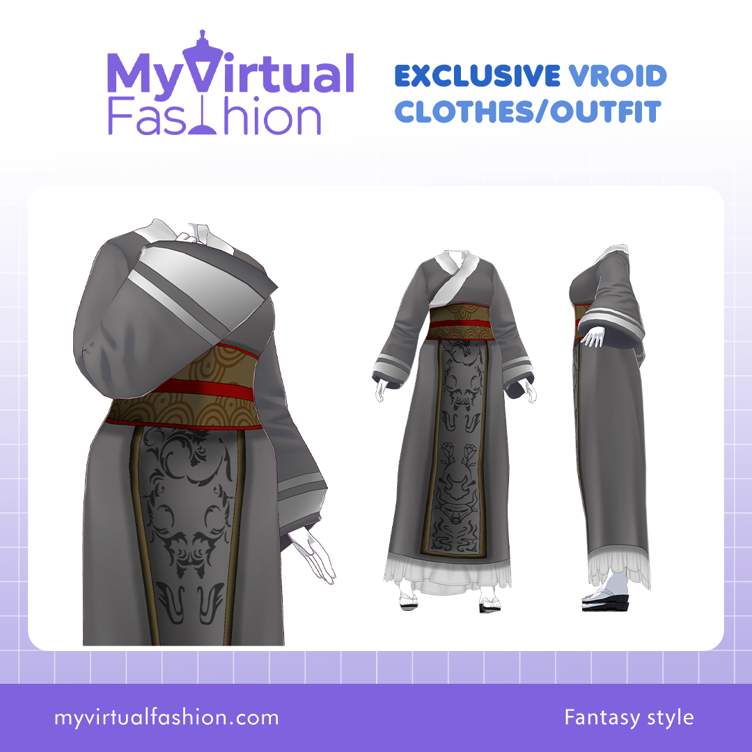3D Vroid Outfit | Regal Gray Kimono and Ornamental Belt for VRoid Avatar