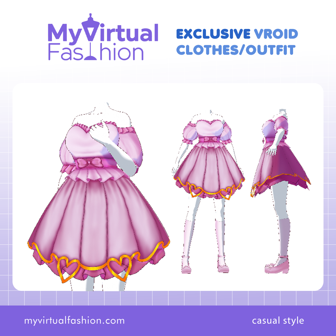 3D Vroid Outfit | Pink Princess Dress with Heart Detail and Ruffles for VRoid