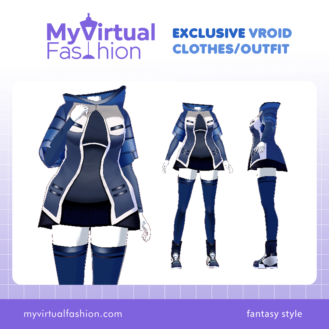 3D Vroid Outfit | Futuristic Navy Blue Jacket Outfit and Skirt for VRoid Avatar