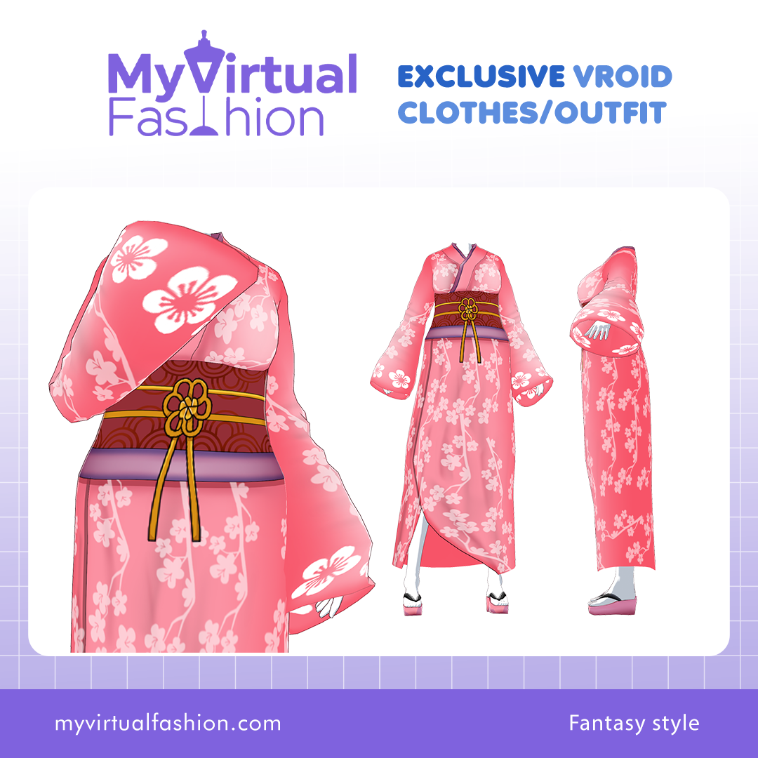 3D Vroid Costume | Blossom Pink Kimono with Golden Floral for VRoid Avatar