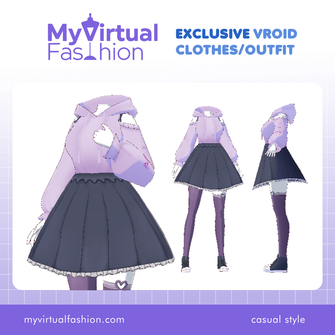 3D Vroid Costume | Purple Hoodie with Pleated Skirt for VRoid Avatar
