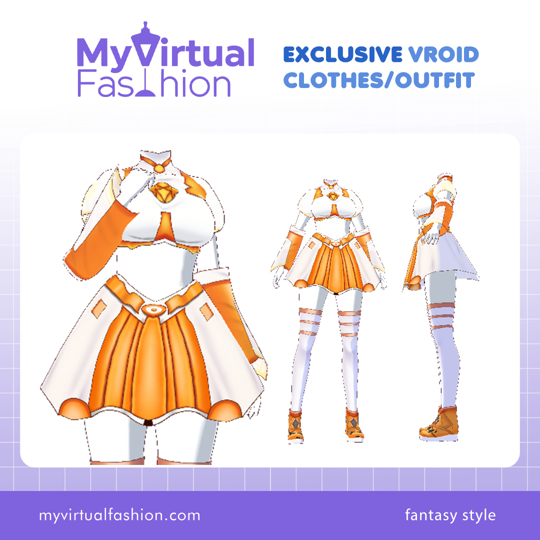 3D Vroid Outfit | White and Orange Battle Dress with Gem Accent for VRoid Avatar