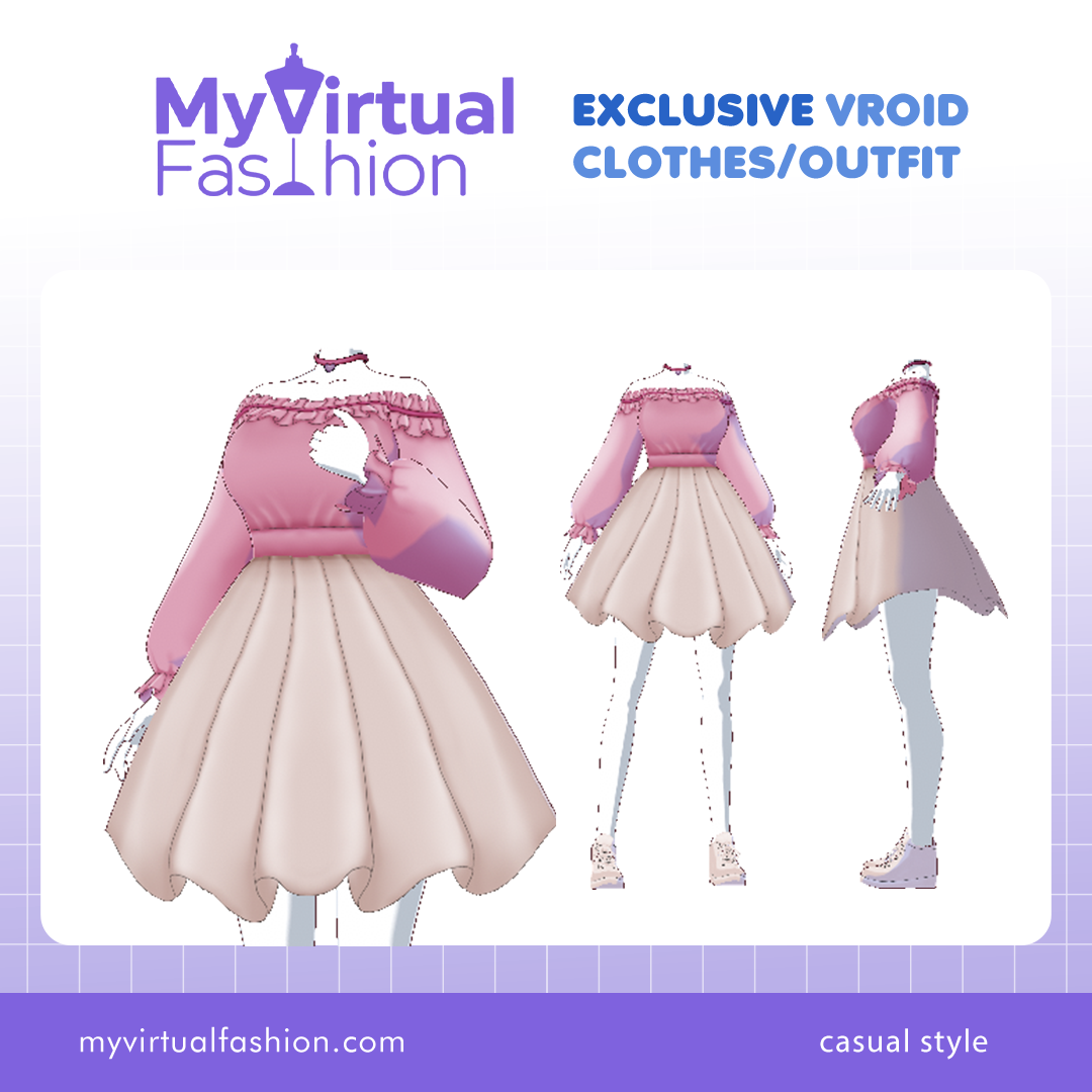 3D Vroid Outfit | Pink Off-Shoulder Dress with Ruffle Detailing for VRoid Avatar
