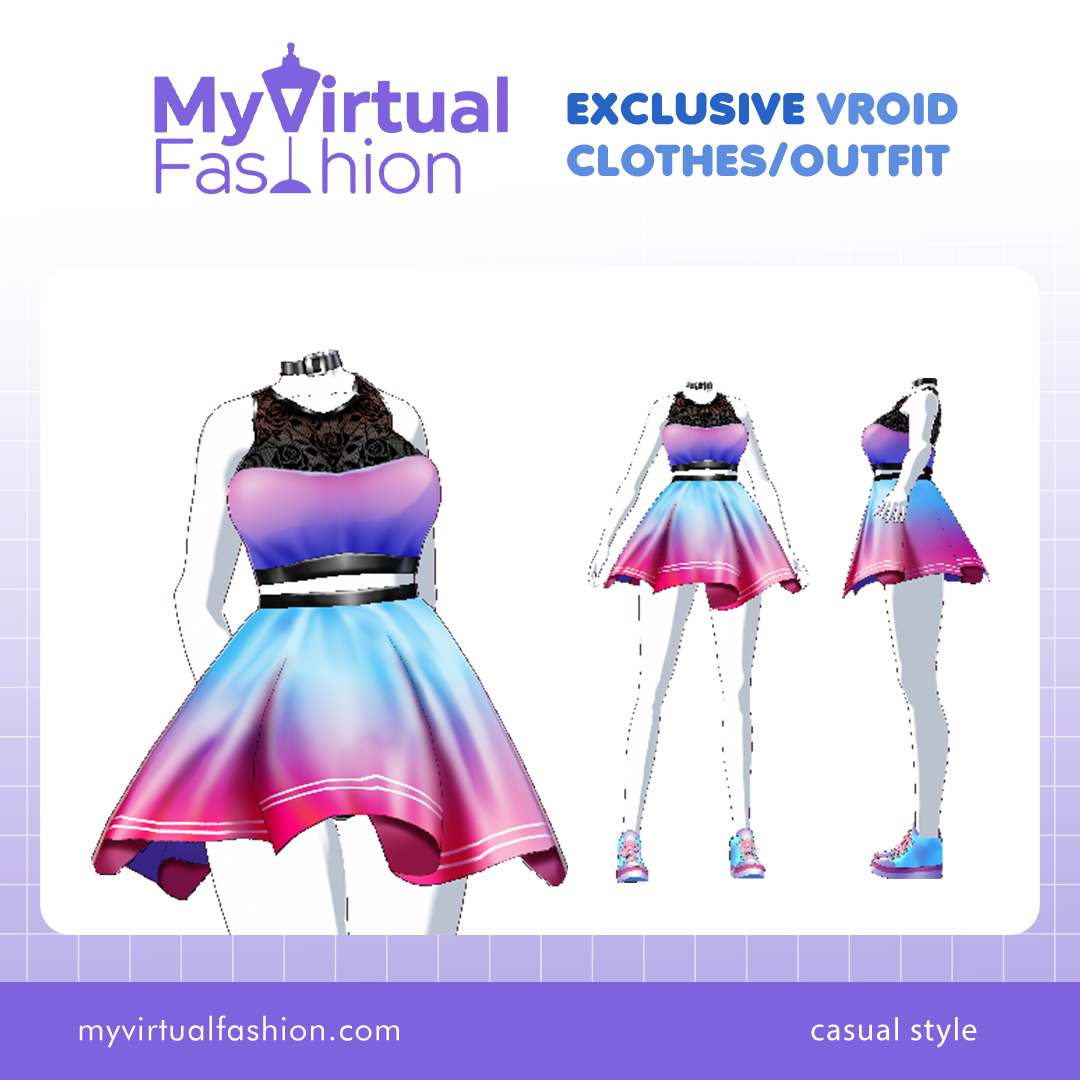 3D Vroid Outfit | Gradient Pink and Blue Dress with Black Lace Top for VRoid