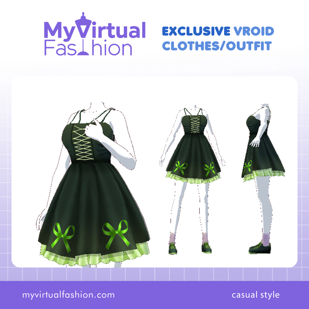 3D Vroid Outfit | Dark Green Corset Dress with Ribbon Accents for VRoid Avatar