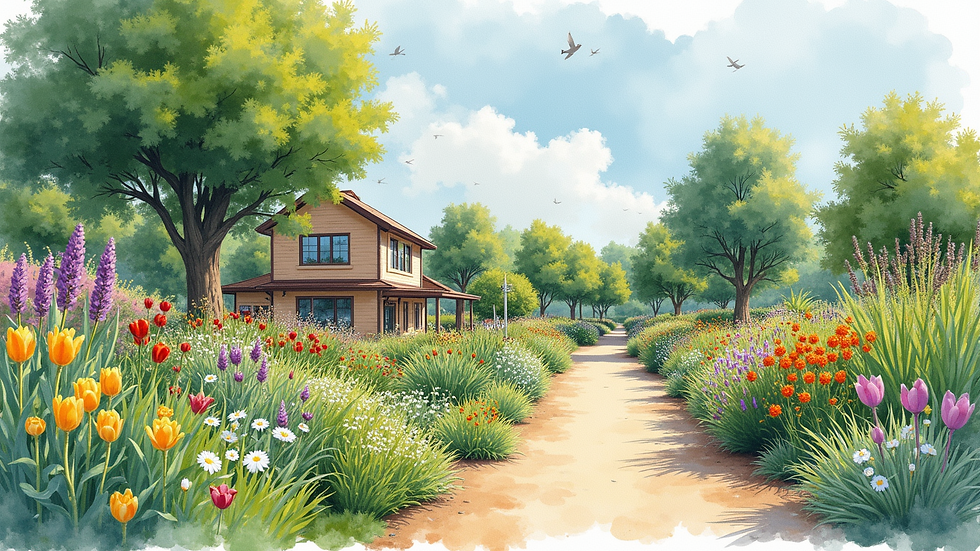 Close-up view of a watercolor painting depicting a vibrant community garden