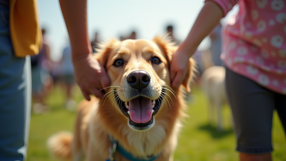 Eye-level view of a happy dog being adopted at a pet festival