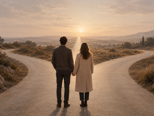 Couple face à un chemin qui se sépare, illustration d'un article sur l'infidélité, la trahison et le pardon