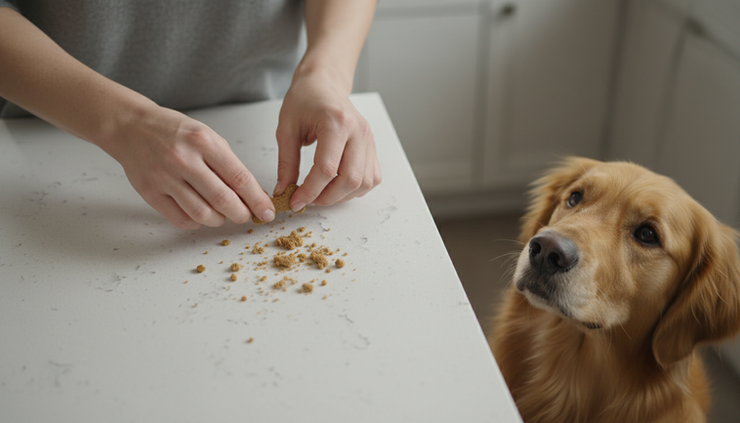 Overhead view of a hand breaking one small dog treat into pieces