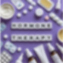 Pills, bottles, and a cream jar on a purple background with "HORMONE THERAPY" spelled in tiles. Various packaging suggests medical theme.