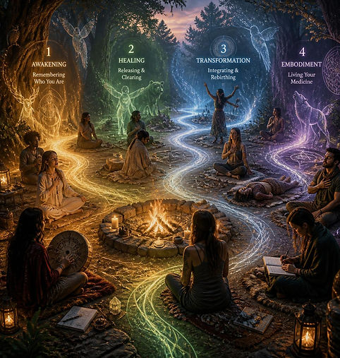 A mystical, high-resolution scene representing an experiential shamanic training journey f