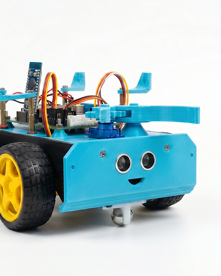 Small blue educational robot for beginner robotics education.