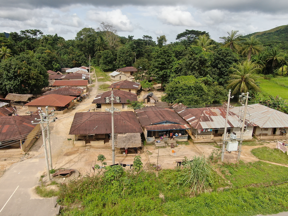 Drone image shows the top of several one story buildings with metal roofs, electric poles, and tropical trees.