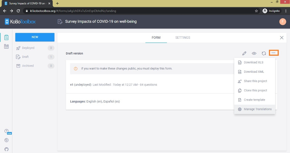 Screenshot of KoBo Toolbox page-steps to manage translations. .