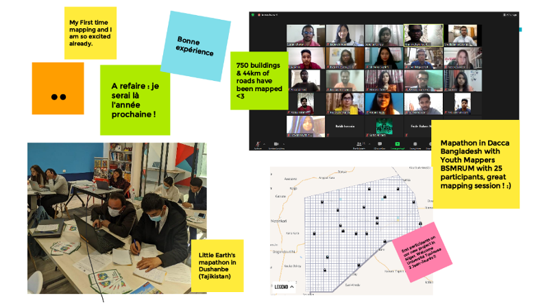 Collage of three images. Screenshot from group Zoom call with 22 cameras showing. Image from tasking manger showing uncompleted tasks. Photo in classroom with 7 people (male and female) looking at their computers. Around the collage are colorful post it notes with positive quotes from the event.
