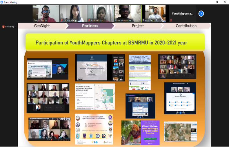 Screenshot of orange slide with several photos below with the words "Participation of YouthMappers Chapter at BSMRMU in 2020-2021 year." 6 videos appear above the slide.