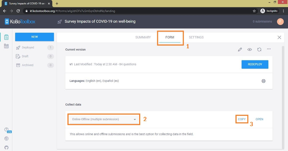 Screenshot of KoBo Toolbox Form Page- with highlighted steps to share form.