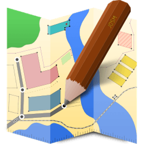 JOSM Logo. Square blue, yellow, red, and green map background with large brown pencil across map.