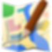 JOSM Logo. Square blue, yellow, red, and green map background with large brown pencil across map.