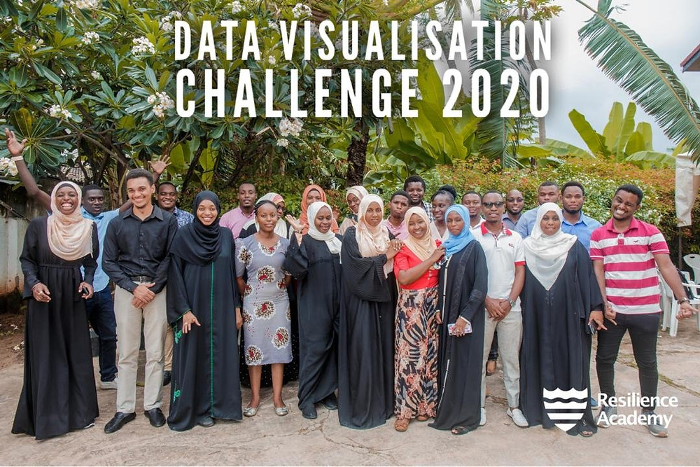 25 males and females captured in a photo with the words "Data Visualisation Challenge 2020" edited in white letter with the Resilience Academy logo in the right hand corner.