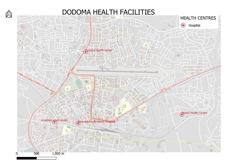 Map of Dodoma with 4 hospital points