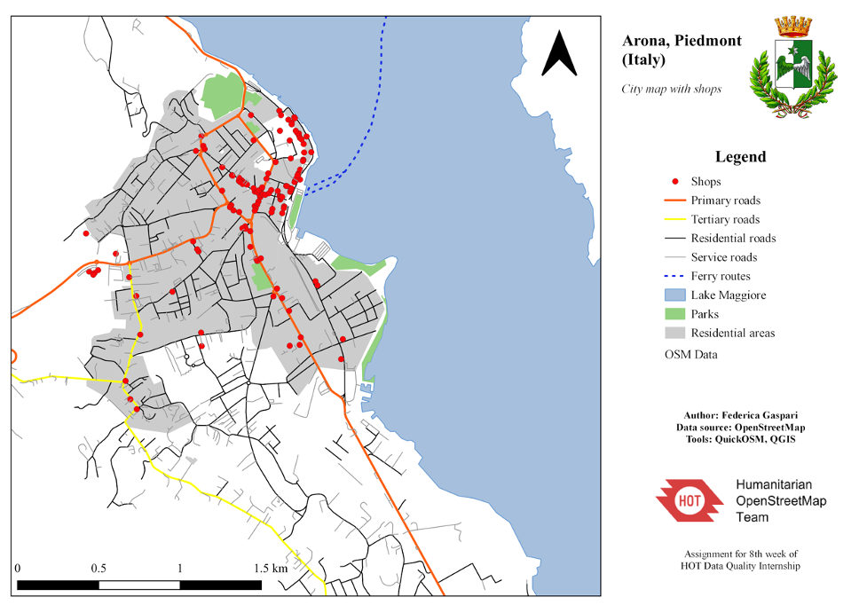 Map of Arona Piedmont (Italy). Several shops are noted with red dots, primary/tertiary/residential/service roads are all mapped, one ferry route is shown crossing the blue Lake Maggiore, several parks are shown in green, and most of the map is in gray depicting residential areas.