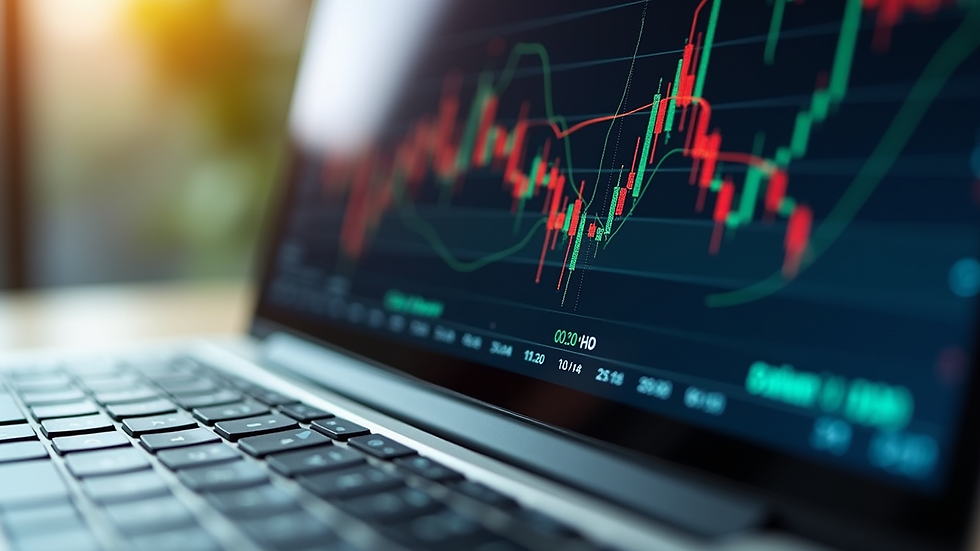 Close-up view of a laptop screen showing financial graphs and charts