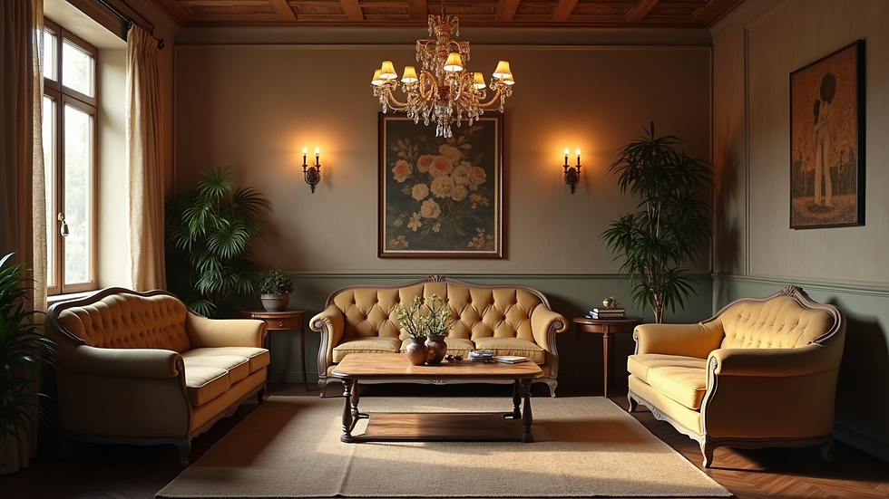 Vista frontal de uma sala de estar com decoração vintage, incluindo poltronas antigas e luminária retrô