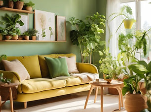 Cozy living room with sofas made of fabric, sunshine filled room and lots of green plants.