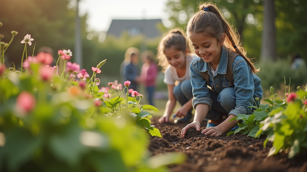 Eye-level view of a community garden with young volunteers planting flowers
