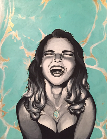 painting of woman laughing with turquoise stone design background