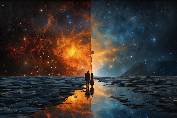 représentation mystique du cosmos et de deux âmes qui se retrouvent dans l'univers