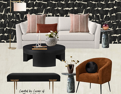 Modern Dallas living room concept board by Corner of 7th and Moody featuring rust accents, graphic wallpaper, boucle, and mar