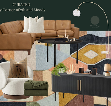 Dallas interior design concept by Corner of 7th and Moody: boho-modern living room, camel sofa, abstract rug.