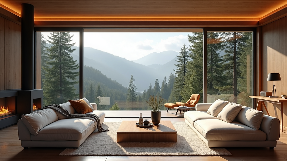 Wide angle view of a luxury mountain Airbnb living room with large windows showing forest views
