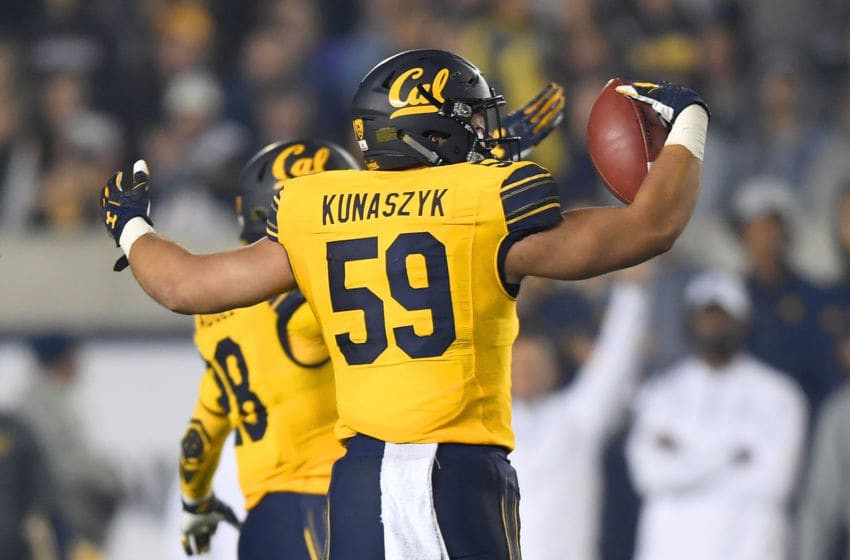 BERKELEY, CA - OCTOBER 13: Jordan Kunaszyk #59 of the California Golden Bears celebrates after intercepting a pass against the Washington State Cougars during the third quarter of their NCAA football game at California Memorial Stadium on October 13, 2017 in Berkeley, California. (Photo by Thearon W. Henderson/Getty Images)