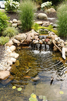 a pond with a waterfall in the middle of it