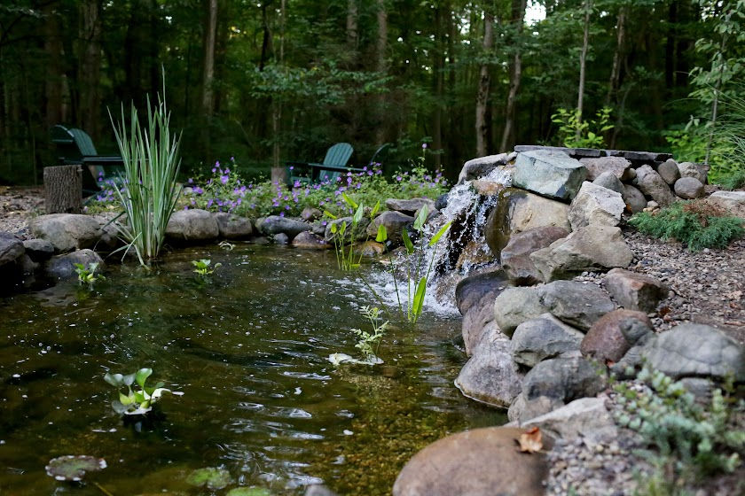 a pond with a waterfall and a green chair in the background